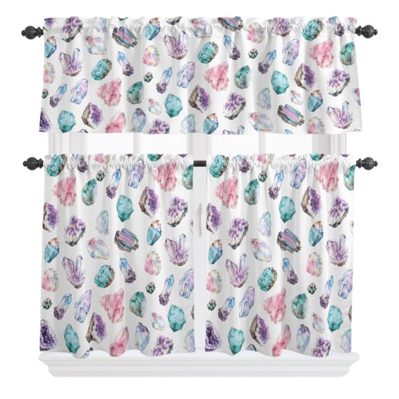 Amethyst Cluster Kitchen Curtains Sets 24 Inch Length Tier Curtain, Quartz Crystal Pink Gemstone Rod Pocket Window Treatments, Window Valance Curtains for Bathroom/Bedroom/Cafe 3 Panels