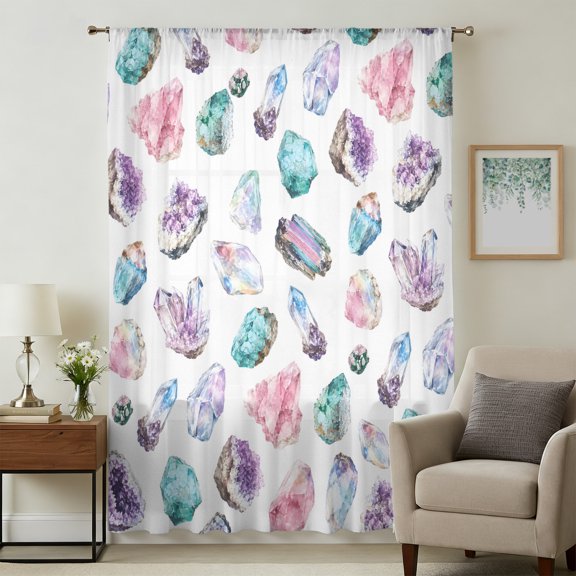 Amethyst Cluster Sheer Curtains 54 Inches Long, Quartz Crystal Pink Gemstone Light Filering Curtains, Breathable Simi Curtain Privacy Drapes for Kitchen Bathroom Lightweight Small Window Treatment