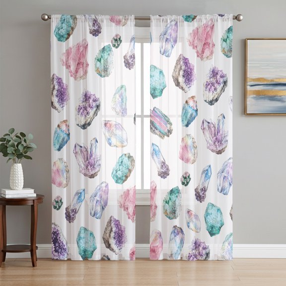 Amethyst Cluster Sheer Curtains 63 Inch Length 2 Panels Set, Quartz Crystal Pink Gemstone Voile Window Treatment Rod Pocket Curtains Sheers Drapes for Bedroom/Living Room/Kitchen 52x"63"x2