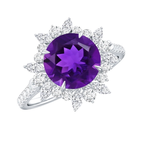 Rosec Jewels - Natural Amethyst Ring with Moissanite - AAA Quality Certified Amethyst Cocktail Ring - Ready to Gift for Women, 18K White Gold, US 4.00