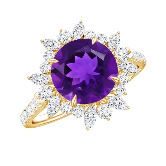 Rosec Jewels - Natural Amethyst Ring with Moissanite - AAA Quality Certified Amethyst Cocktail Ring - Ready to Gift for Women, 18K Yellow Gold, US 10.50