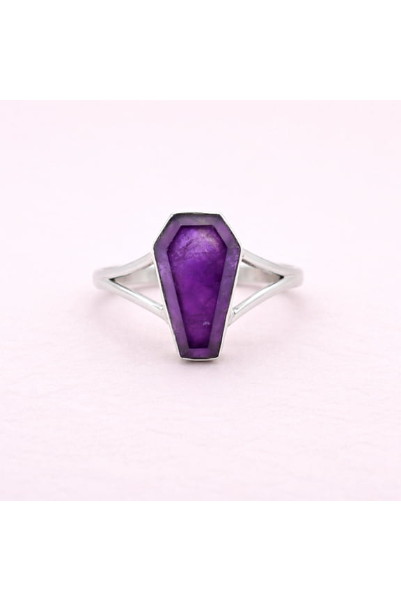 Amethyst Coffin Cut Ring in 925 Sterling Silver, Statement Gemstone Ring for Women, Gothic Boho Handmade Jewelry