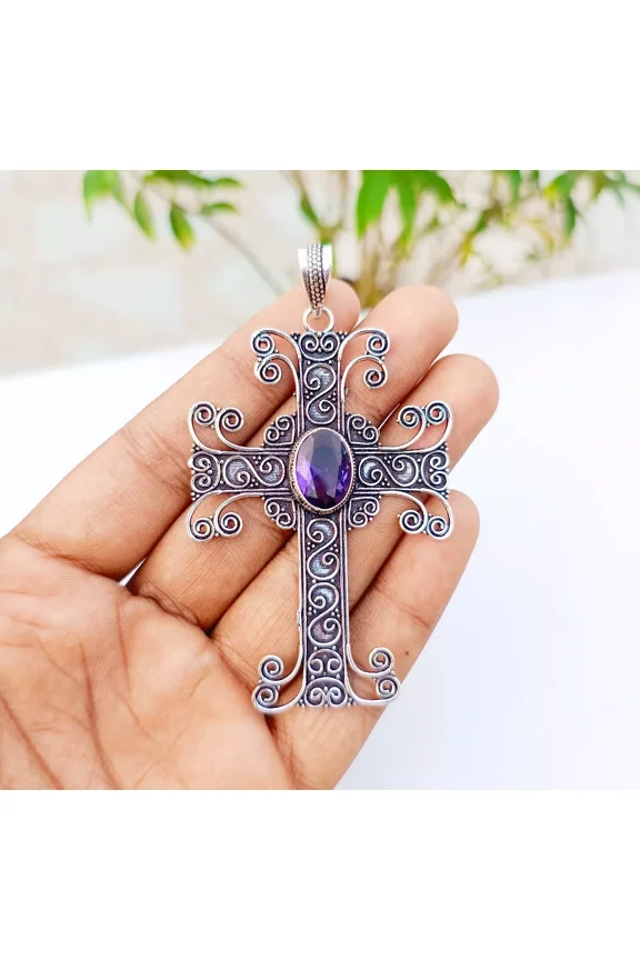 Amethyst Cross Pendant 925 Sterling Silver Handmade Gemstone Jewelry 3.18"