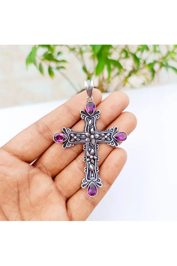 Amethyst Cross Pendant 925 Sterling Silver Polished Handmade Gemstone Jewelry 2.83"