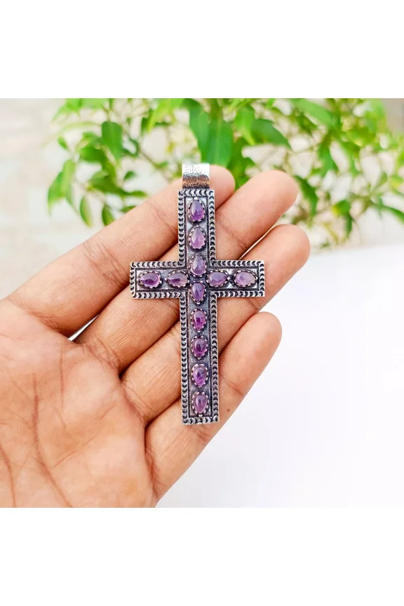 Amethyst Cross Pendant 925 Sterling Silver Polished Handmade Gemstone Jewelry 2.83"