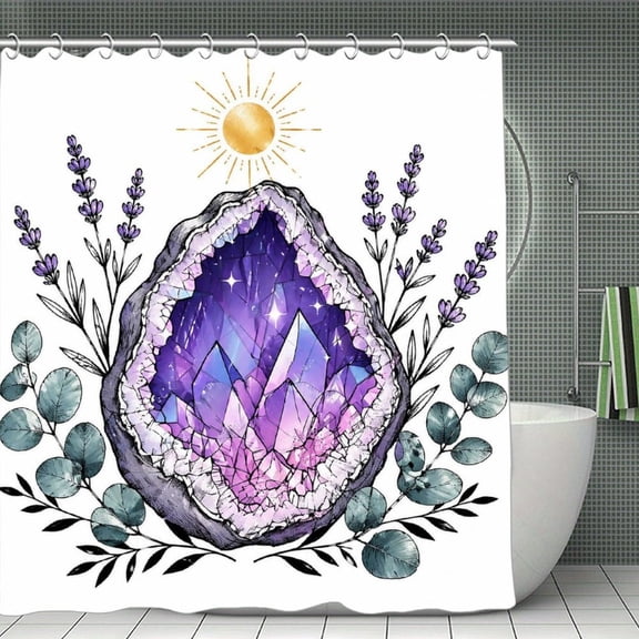 Amethyst Crystal And Lavender Print Shower Curtain 70.870.8Inch,Modern Fabric Waterproof Polyester Bathroom Home Decor Set with Hooks