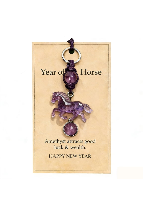 Amethyst Crystal Horse Keychain – Hand-Carved Purple Quartz Charm with Symbolic Card & Gift Bag, Lucky Totem for 2026 Year of the Horse, Graduation, Promotion