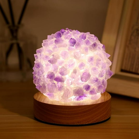 Amethyst Crystal Lamp,Healing Crystals Night Light with Wooden Base for Yoga Balance, Reiki Healing, Meditation,Natural Crystal Ball Table Lamp for Home, Office, Amethyst Crystal Decor Gifts