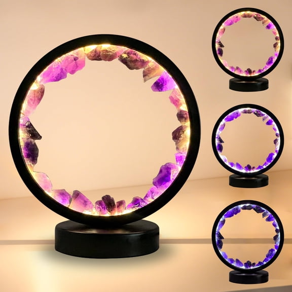 Amethyst Crystal Night Light Table Lamp with 3 Color Dimming Natural Healing Stone Bedside Light