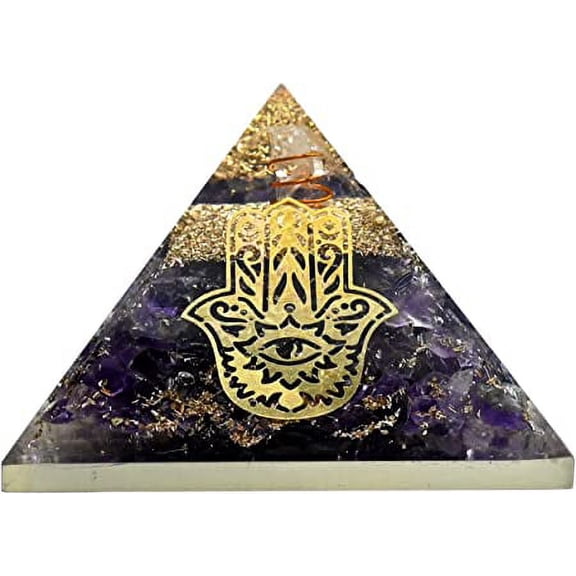 Amethyst Crystal Orgone Pyramid, Organite Pyramid Hamsa Hand Evil Eye - Big