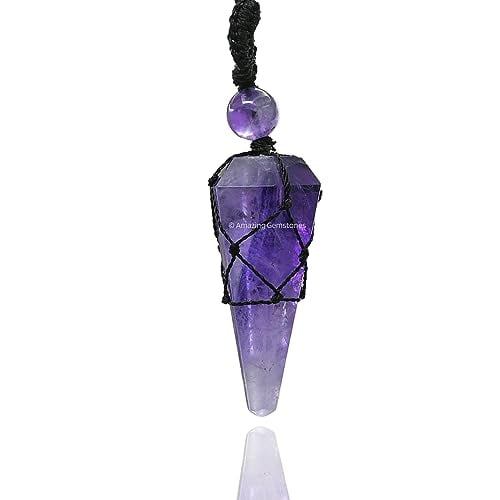 Amethyst Crystal Stone Holder Necklace Pendulum, Unique Women Men Necklace (Black Macrame)