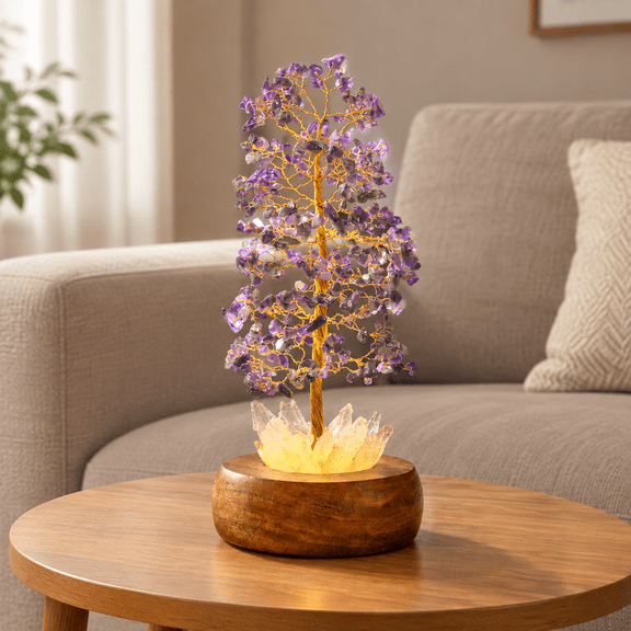 Amethyst Crystal Tree Of Life With LED Light Handcrafted Stone Bonsai On Quartz Base & Wood Stand