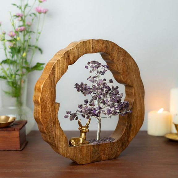 Amethyst Crystal Tree With Reindeer, Handcrafted Tree, Purple - 28 X 28 Cm | Feng Shui Gemstone Bonsai Tree | Chakra Tree | Handmade Home Dcor Items Wealth & Luck Crystal Tree Showpiece