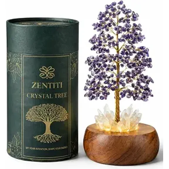 Amethyst Crystal Tree of Life with LED Light on Quartz Base and Acacia Wood Stand