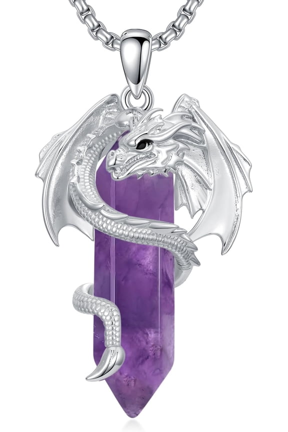 Amethyst Dragon Necklace 925 Sterling Silver Crystal Dragon Pendant Amethyst Crystal Necklace Energy Amuleto de Proteccion Jewelry Gift for Men Women