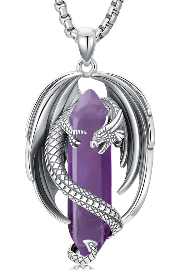 Amethyst Dragon Necklace 925 Sterling Silver Crystal Dragon Pendant Amethyst Crystal Necklace Spiritual Protection Dragons Jewelry Gifts for Men Women