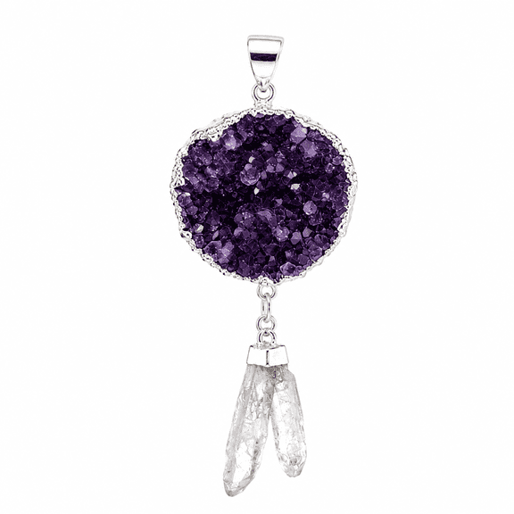 Amethyst Druzy w/ Crystal Quartz Dangle Necklace