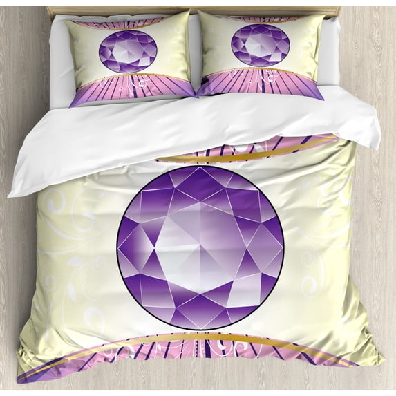Amethyst Duvet Cover Set King Size, Luxury Jewellery Amethyst Gemstone Design as Expensive Cut Stone Diamond Print, Decorative 3 Piece Bedding Set with 2 Pillow Shams, Multicolor, by Ambesonne