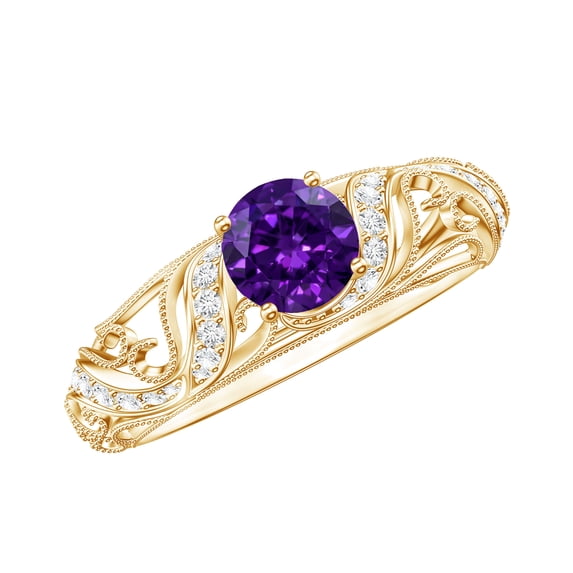 Rosec Jewels Vintage Inspired Amethyst Engagement Ring with Diamond (1.2 Carat, AAA Quality Amethyst) - with Jewelry Box, 10K Yellow Gold, US 13.00