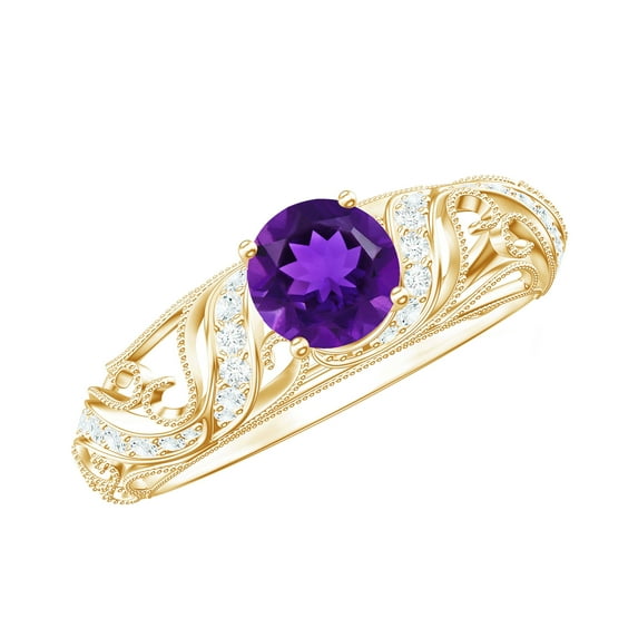 Rosec Jewels Amethyst Engagement Ring with Diamond (7 MM Round AAA Quality Amethyst), 10K Yellow Gold, US 6.50