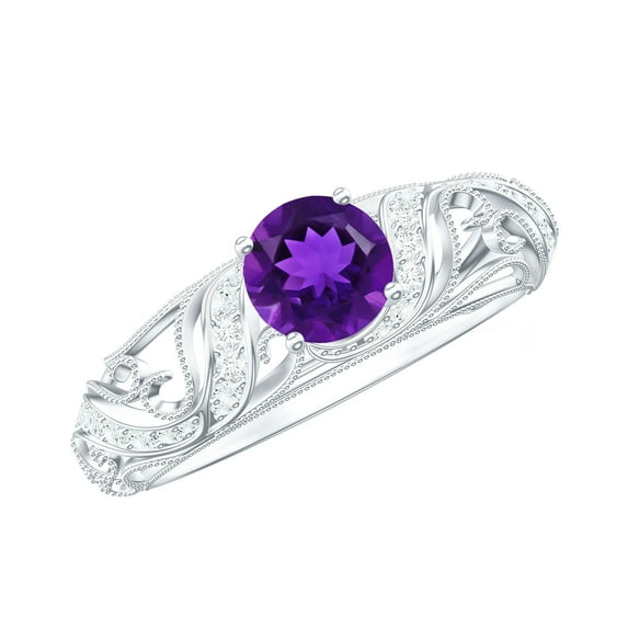 Rosec Jewels Amethyst Engagement Ring with Diamond (6 MM Round AAA Quality Amethyst), 925 Sterling Silver, US 4.00