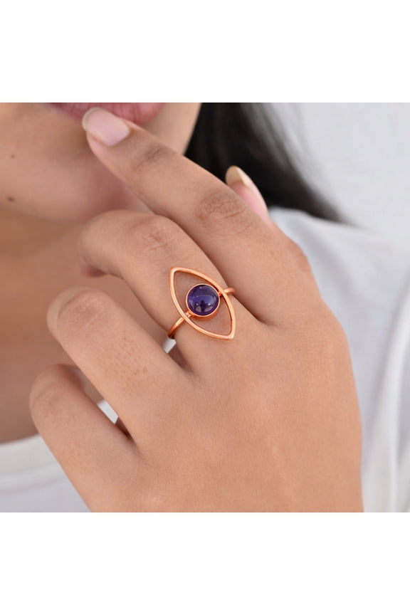 Amethyst Evil Eye Ring – Solid Pure Copper Minimalist Statement Ring – Boho Gemstone Jewelry