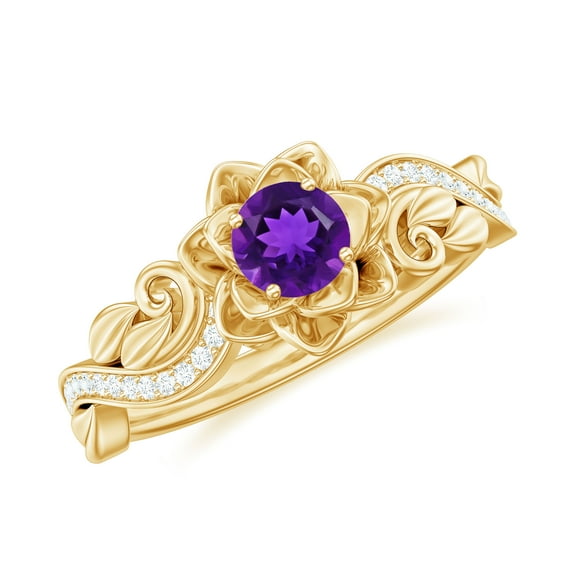 Rosec Jewels Amethyst Floral Ring with Diamond for Women - Nature Inspired Ring (AAA Quality), 10K Yellow Gold, US 8.50