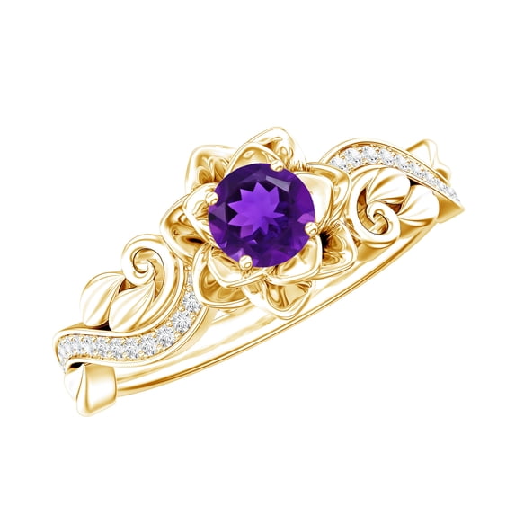 Rosec Jewels Amethyst Floral Ring with Diamond for Women - Nature Inspired Ring (AAA Quality), 10K Yellow Gold, US 8.50