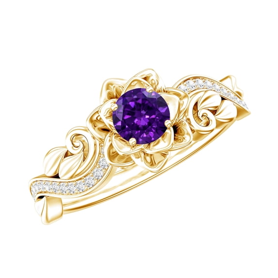 Rosec Jewels Amethyst Floral Ring with Diamond for Women - Nature Inspired Ring (AAA Quality), 10K Yellow Gold, US 8.50