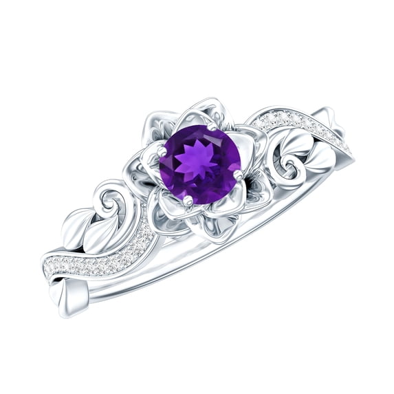 Rosec Jewels Amethyst Floral Ring with Diamond for Women - Nature Inspired Ring (AAA Quality), 14K White Gold, US 10.50