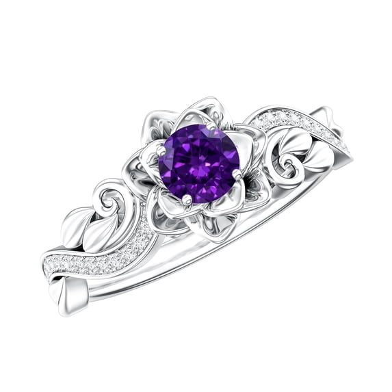 Rosec Jewels Amethyst Floral Ring with Diamond for Women - Nature Inspired Ring (AAA Quality), 925 Sterling Silver, US 4.00
