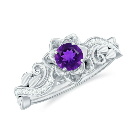 Rosec Jewels Amethyst Floral Ring with Diamond for Women - Nature Inspired Ring (AAA Quality), 925 Sterling Silver, US 6.00