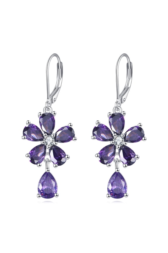 Amethyst Flower Earrings February Birthstone Leverback Earrings with Crystal Cubic Zirconia S925 Sterling Silver Purple Floral Chandelier Drop Earrings for Women Trendy