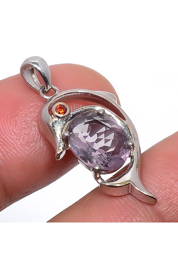 Amethyst & Garnet Sterling Silver Dolphin Pendant Jewelry Handmade 1.18" S6145, Gemstone Jewelry, Birthday Gift, Beautiful Jewelry For Woman