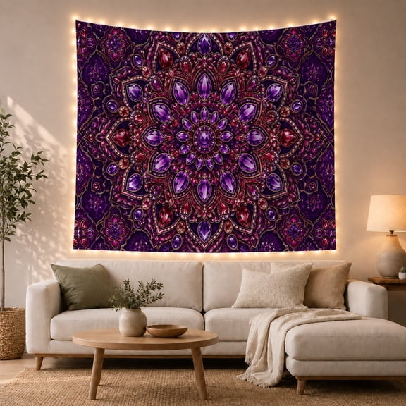 Amethyst Gem Mandala in a Sparkling Cosmos, Mystical Boho for Art Lovers, Jeweled Wall Art, Housewarming Gift, Tapestry Wall Hanging for Bedroom and Living Room