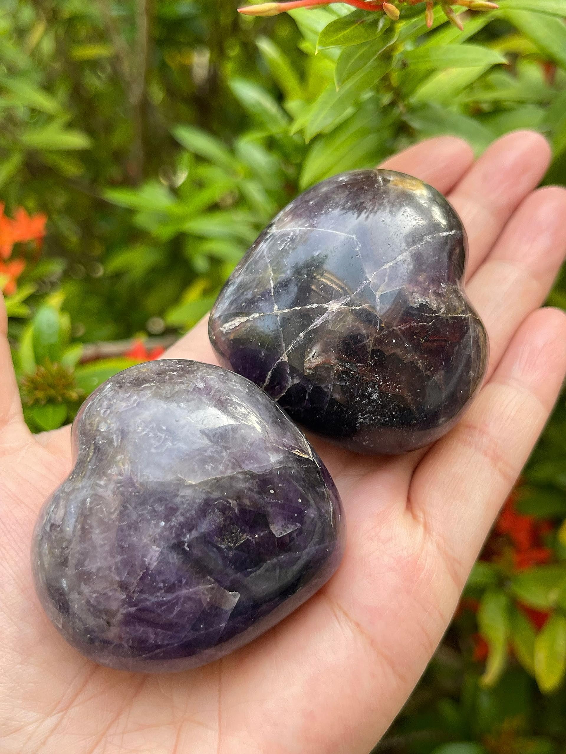 Amethyst Gemstone Hearts, Polished Amethyst Puffy Hearts, Amethyst Palm Stone, Amethyst Heart (2 Hearts）