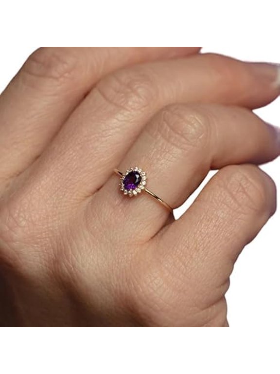 Amethyst Gemstone Ring, Natural Amethyst & CZ Tiny Ring, February Birthstone, Womens Ring, Halo Ring, Gold Micron Ring, 925 Sterling Silver, Dainty Ring, Minimal Stackable Ring, Christmas Gift