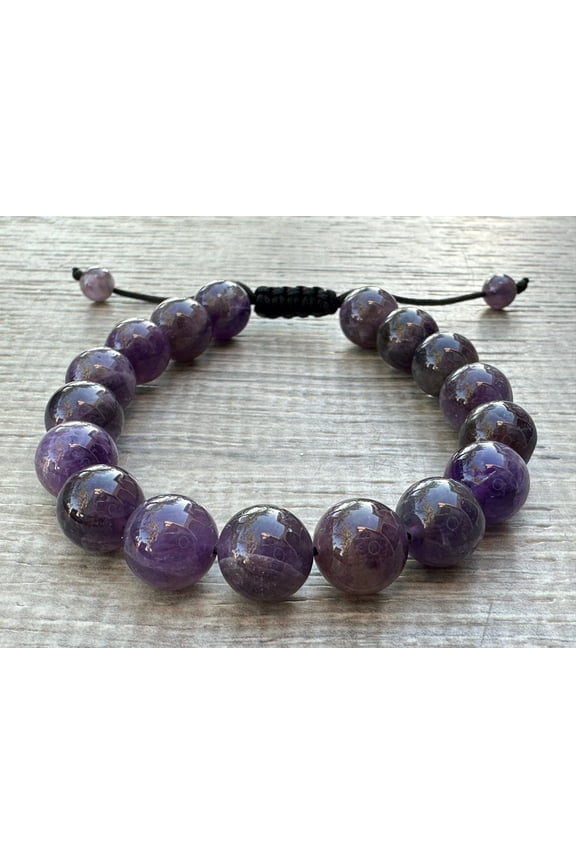 Amethyst Gemstone Round Bead Adjustable Bracelet 10mm, Genuine Crystal Bead Bracelet, Gift for Men & Women (Amethyst)