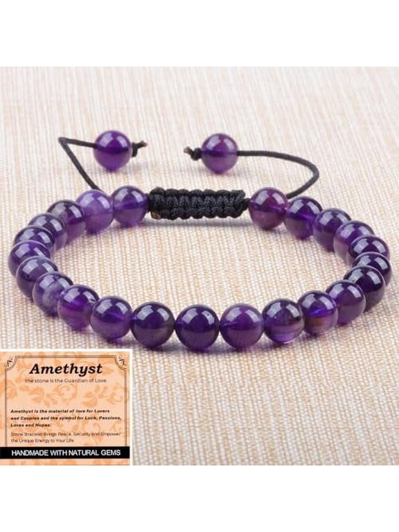 Amethyst - Guardian Stone - Handmade Handmade Yoga Natural Stone Crystal Healing Power Energy Gifts for Unisex Adult Bracelet Macrame Adjustable 8mm