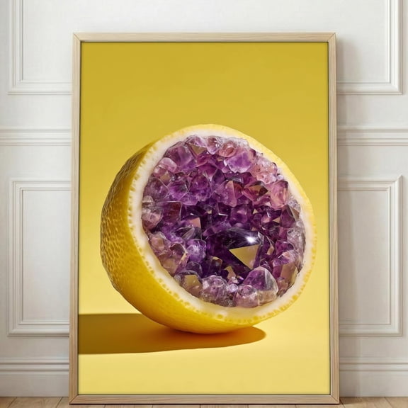 Amethyst Lemon Art Print Yellow Poster Modern Geode Decor Crystal Fruit Photo Summer Vibes Kitchen Art Gemstone Gift