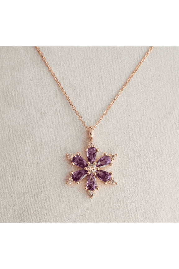 Amethyst Lotus Flower Necklace For Women - Handmade Necklace in 14k Rose Gold Finish - Gift For Girlfriend