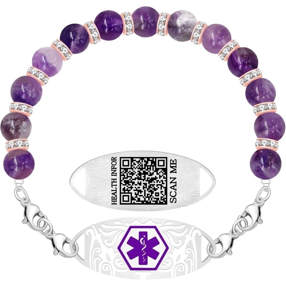 Amethyst Medical Alert Bracelet for Women, Stylish QR Code Medical ID Jewelry, Stainless Steel Interchangeable Plate, Double Lobster Clasp, Custom Health Information Bracelet