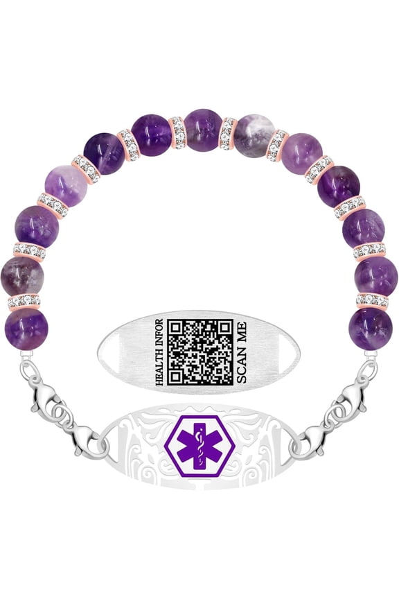Amethyst Medical Alert Bracelet for Women, Stylish QR Code Medical ID Jewelry, Stainless Steel Interchangeable Plate, Double Lobster Clasp, Custom Health Information Bracelet