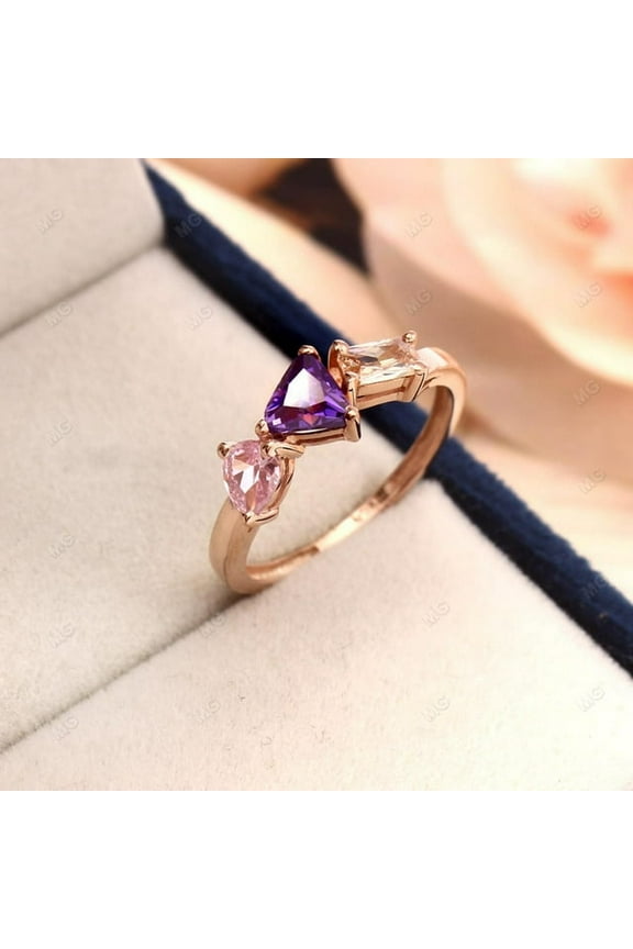 Amethyst , Morganite ,Sapphire Ring 3 Stone Ring Pink Gemstone Trillion Cut Ring Engagement Ring Sterling Silver Ring Wedding Gifts.