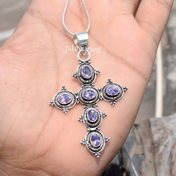 Amethyst Multi Oval Cut Gemstone 925 sterling silver Religious Pendant Necklace Cross Gift