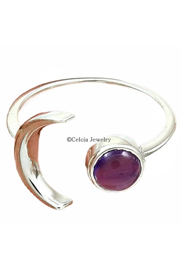 Amethyst Natural Gemstone Ring, Genuine 925 Sterling Silver, Antique Moon Design Jewelry For Women, Adjustable Ring, Gypsy Ring, Boho Ring, Celtic Ring, Funky Ring, Outstanding Ring (amethyst, 7)