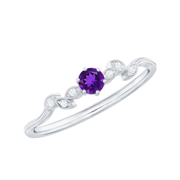 Rosec Jewels Amethyst Promise Ring with Diamond for Women, Beaded Leaf Ring - AAA Grade, 10K White Gold, US 6.00