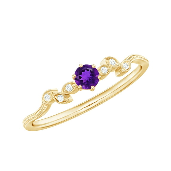 Rosec Jewels Amethyst Promise Ring with Diamond for Women, Beaded Leaf Ring - AAA Grade, 14K Yellow Gold, US 11.00