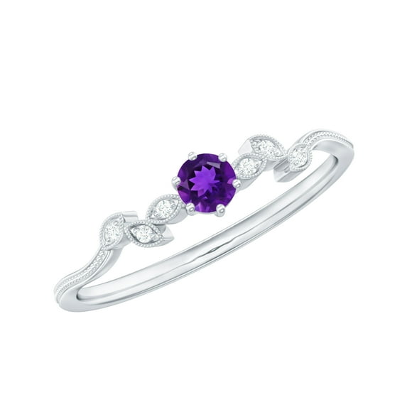 Rosec Jewels Amethyst Promise Ring with Diamond for Women, Beaded Leaf Ring - AAA Grade, 18K White Gold, US 11.00