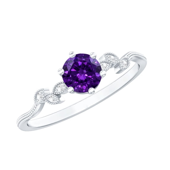 Rosec Jewels Amethyst Promise Ring with Diamond for Women, Beaded Leaf Ring - AAA Grade, 925 Sterling Silver, US 4.00